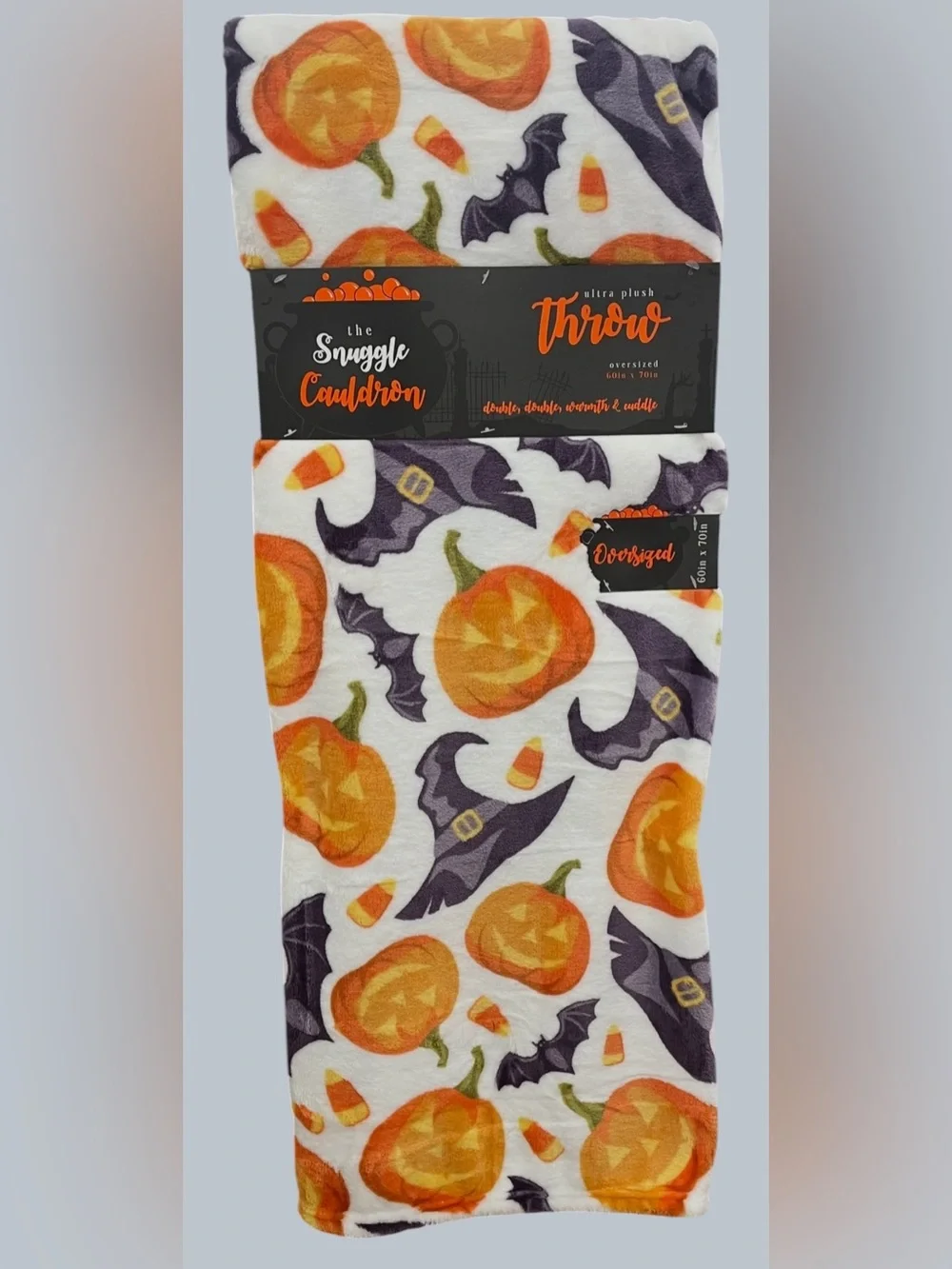 Halloween Plush Oversized Throw Pumpkins Witch Hats Bats Orange Black 60x70 NWT